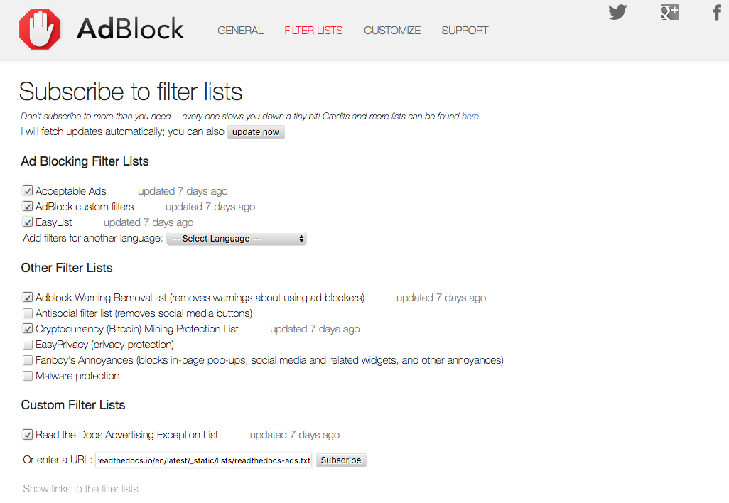 Installing a filter list on Adblock